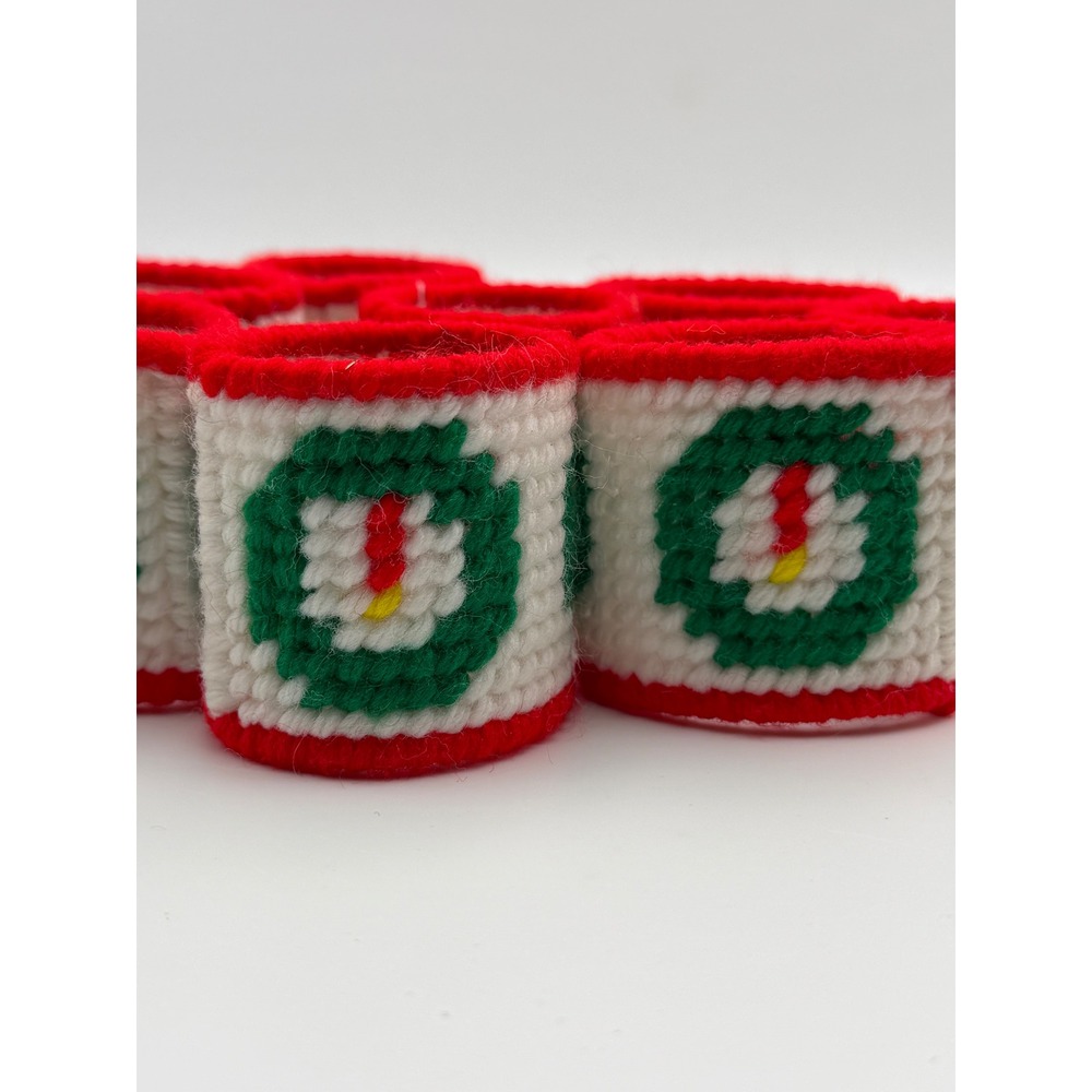 Vintage Handmade Christmas Candle Napkin Rings Set 8 Needlepoint Plastic Canvas